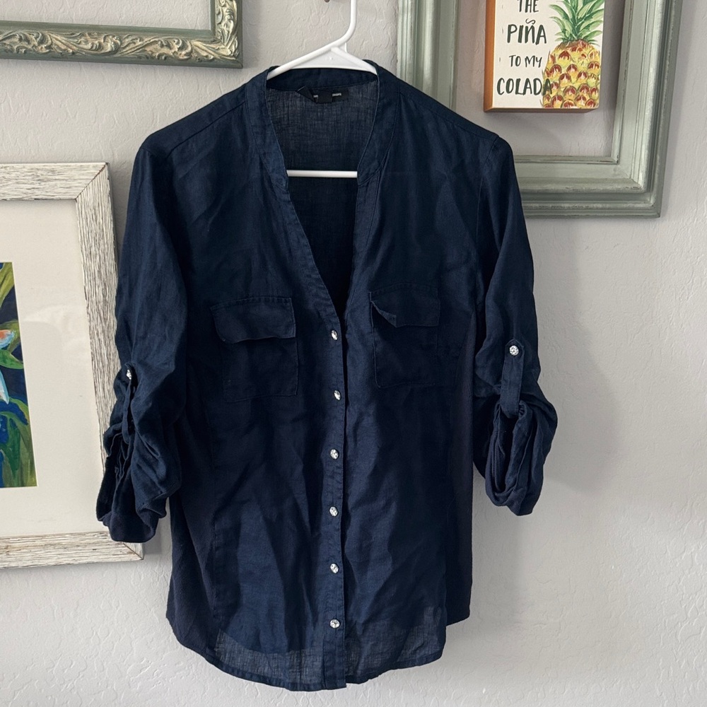 INC Soft Crystal Navy Button-Up Shirt